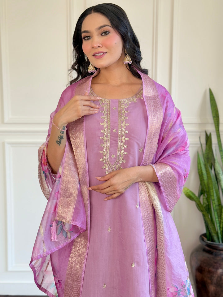 Charming Lavender Suit | Chanderi top bottom with Jacquard Butti dupatta