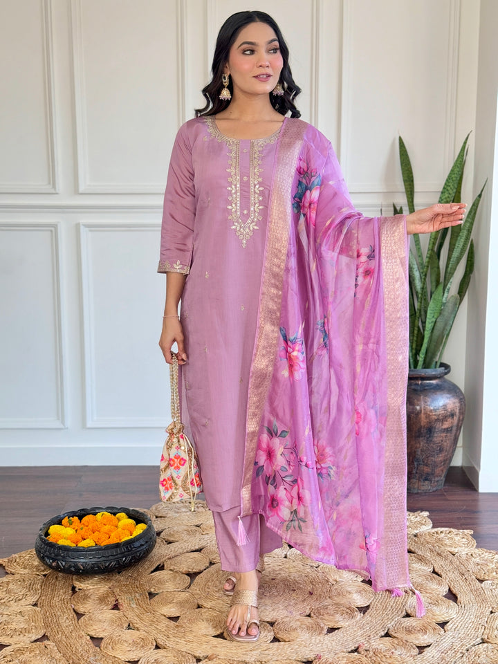 Charming Lavender Suit | Chanderi top bottom with Jacquard Butti dupatta