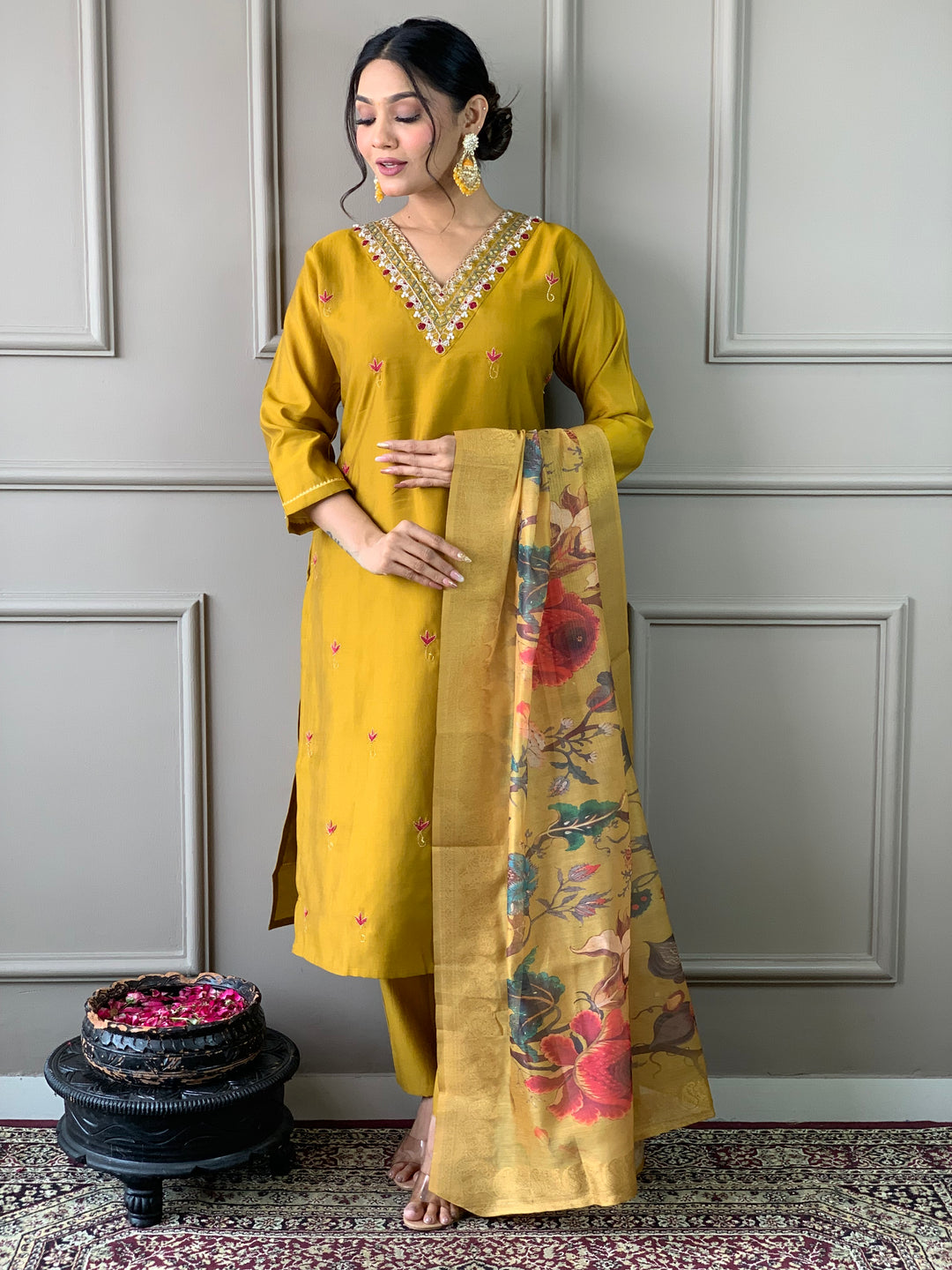 Elegant Mustard Suit | PV Chanderi top bottom with Jacquard   dupatta