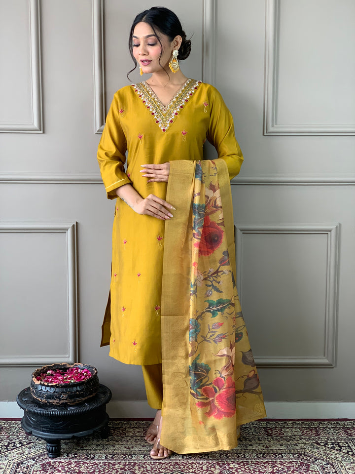 Elegant Mustard Suit | PV Chanderi top bottom with Jacquard   dupatta