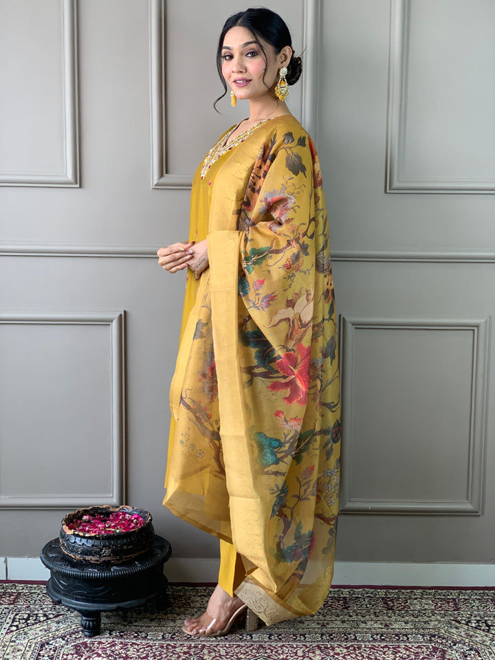Elegant Mustard Suit | PV Chanderi top bottom with Jacquard   dupatta