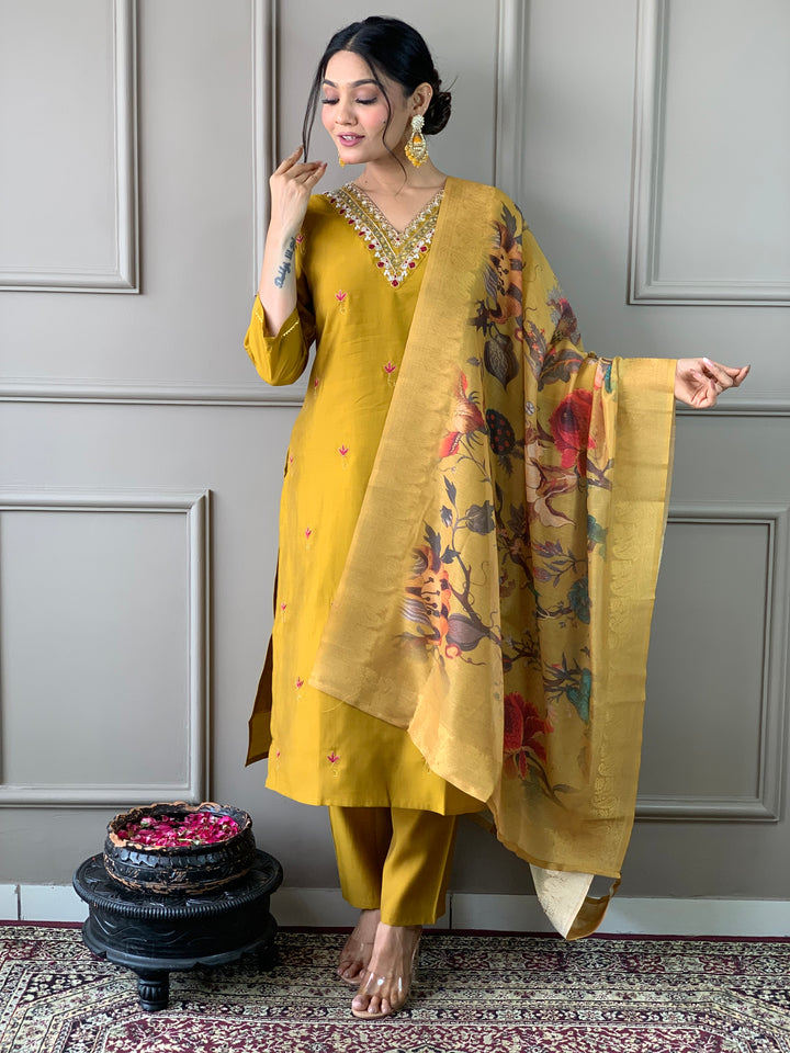 Elegant Mustard Suit | PV Chanderi top bottom with Jacquard   dupatta