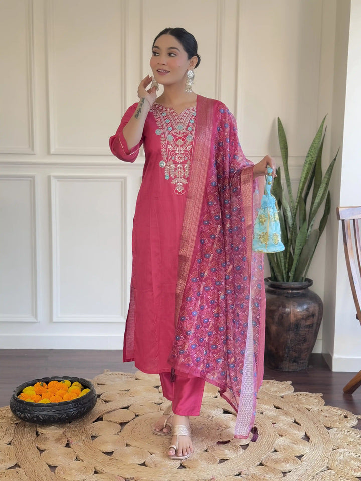 Gorgeous Rani Pink Suit | Chanderi top bottom with Organza dupatta