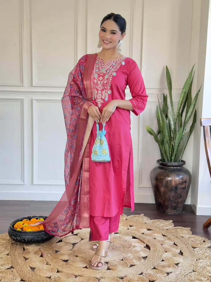 Gorgeous Rani Pink Suit | Chanderi top bottom with Organza dupatta