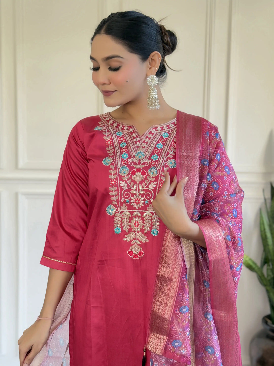 Gorgeous Rani Pink Suit | Chanderi top bottom with Organza dupatta