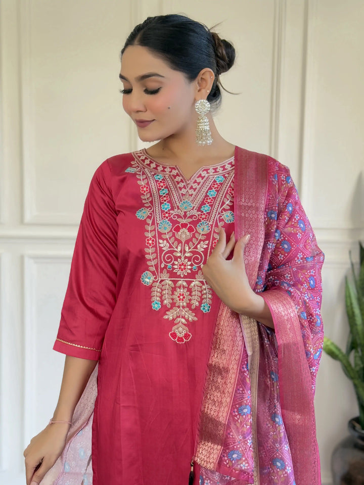 Gorgeous Rani Pink Suit | Chanderi top bottom with Organza dupatta