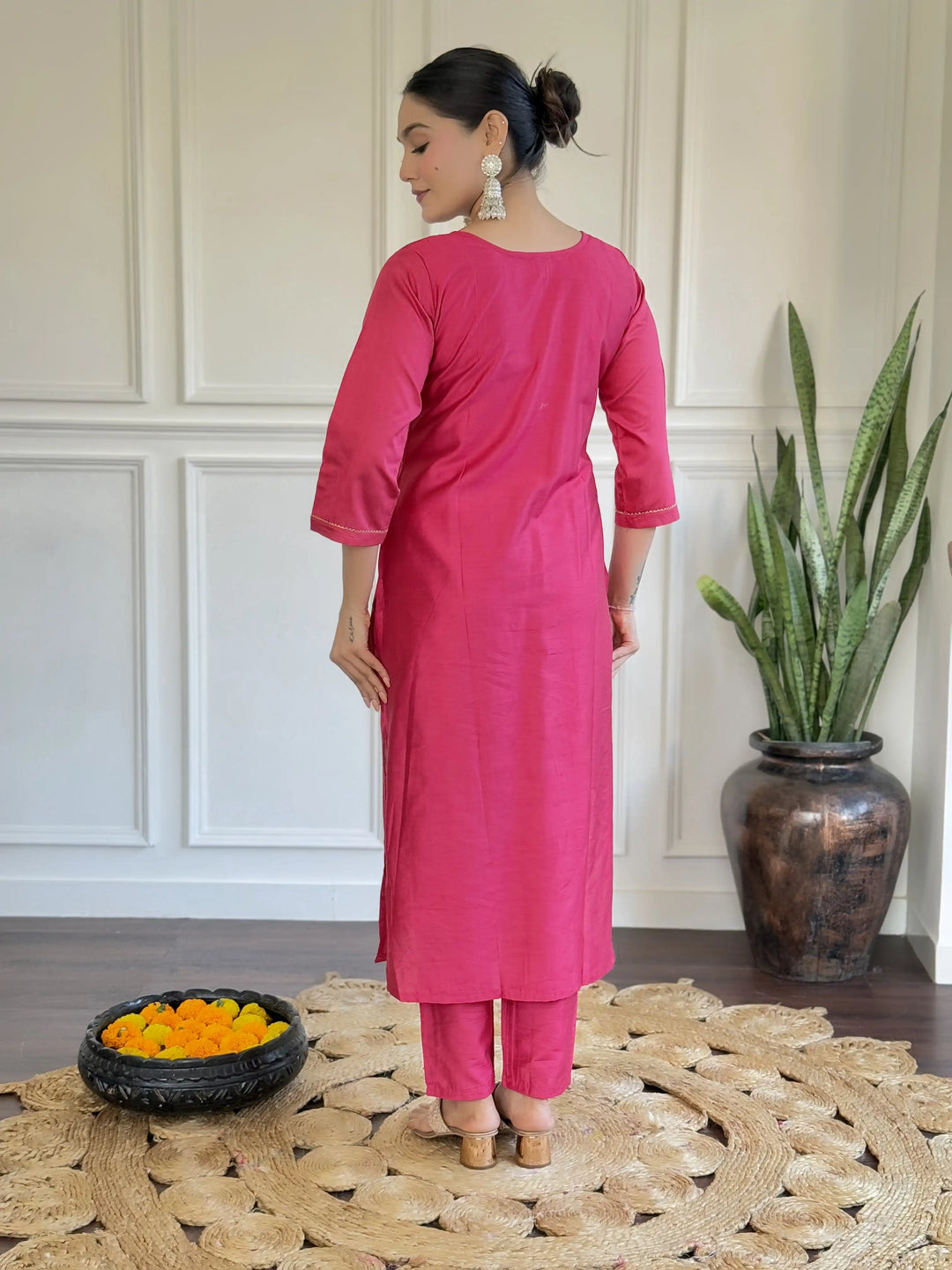 Gorgeous Rani Pink Suit | Chanderi top bottom with Organza dupatta
