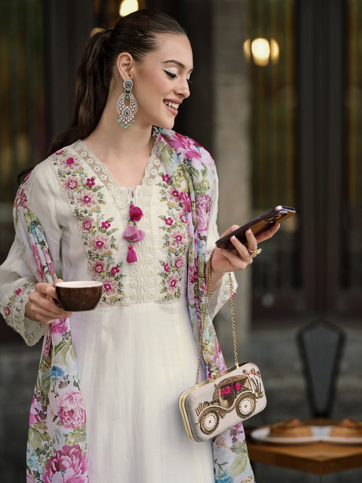 Stunning White Suit | Chanderi top bottom with Organza dupatta