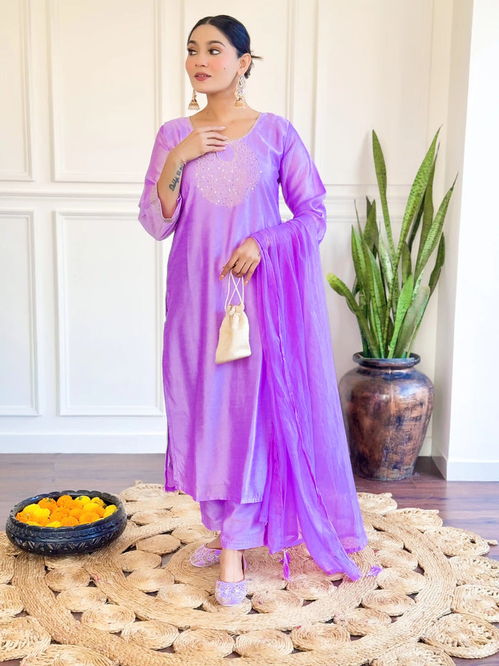 Gorgeous Lavender Suit | Chanderi top bottom with Nylon Taby dupatta
