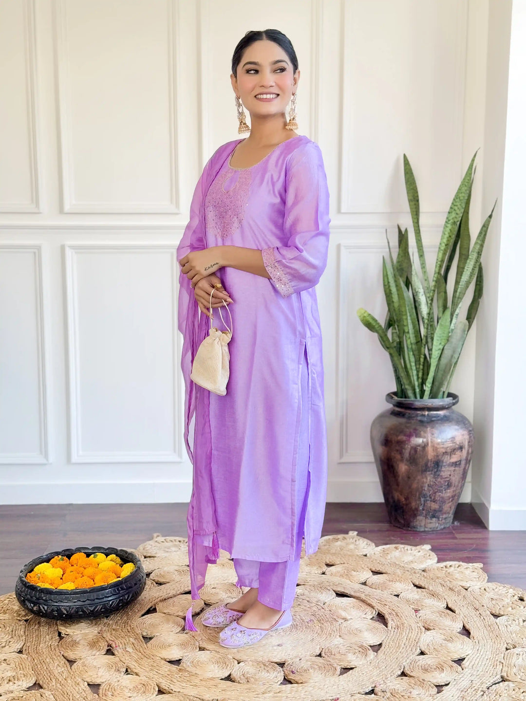 Gorgeous Lavender Suit | Chanderi top bottom with Nylon Taby dupatta