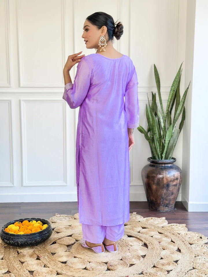 Gorgeous Lavender Suit | Chanderi top bottom with Nylon Taby dupatta