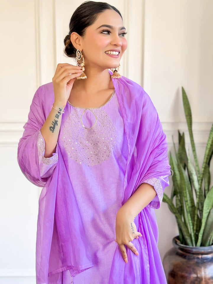 Gorgeous Lavender Suit | Chanderi top bottom with Nylon Taby dupatta