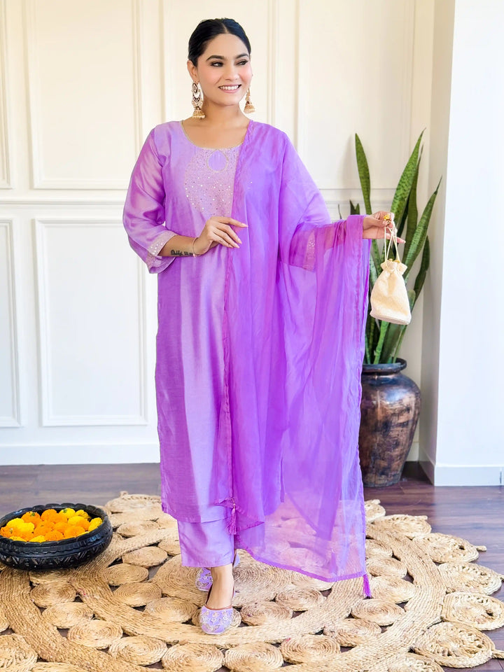 Gorgeous Lavender Suit | Chanderi top bottom with Nylon Taby dupatta