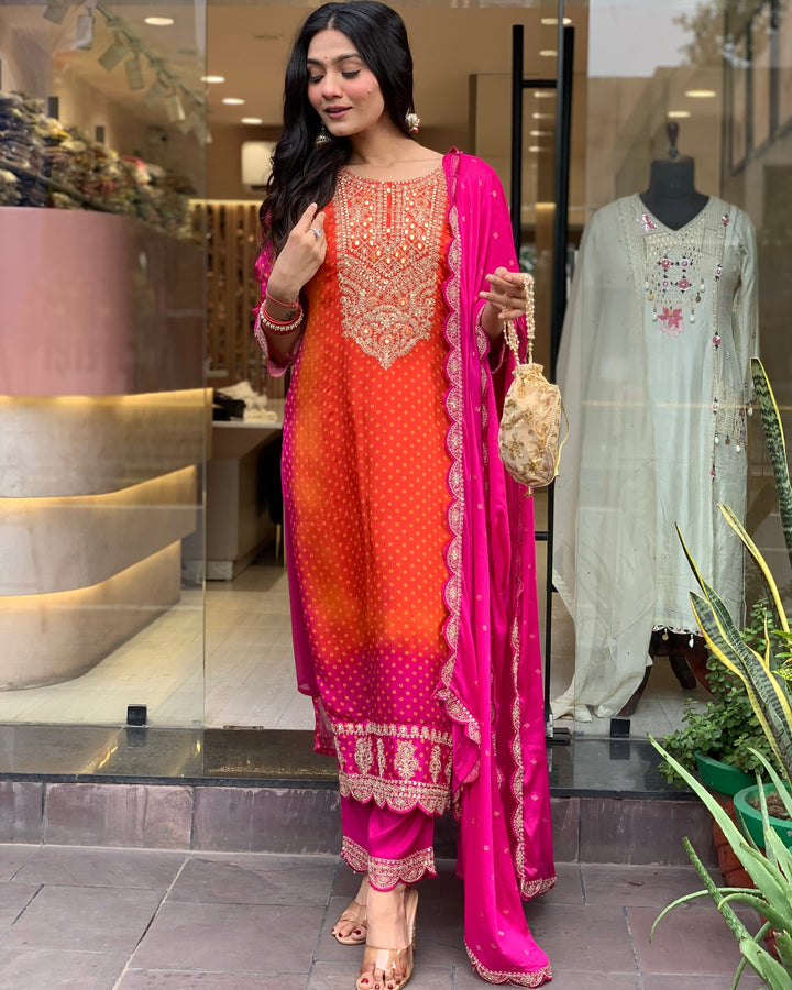 Elegant Bright Pink Suit | Chinon top bottom with dupatta