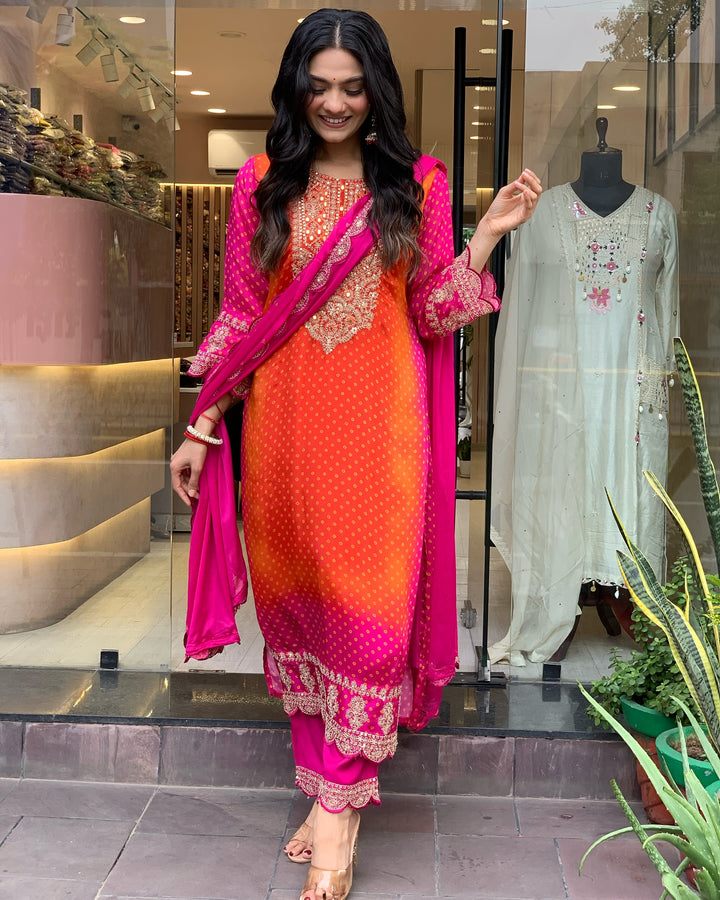 Elegant Bright Pink Suit | Chinon top bottom with dupatta