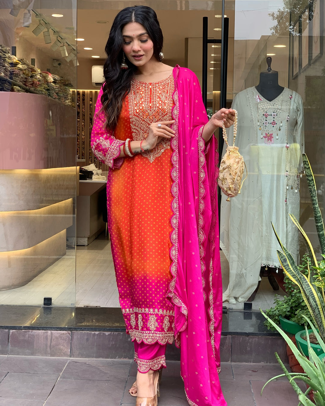 Elegant Bright Pink Suit | Chinon top bottom with dupatta