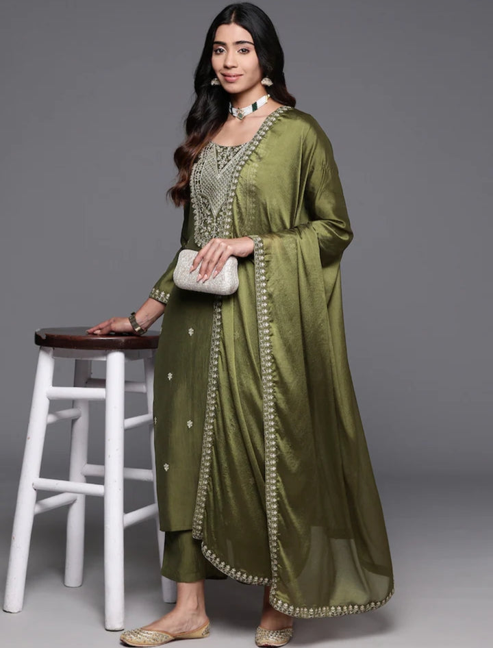 Charming Olive Suit | Chanderi Viscose top bottom with Chinon dupatta
