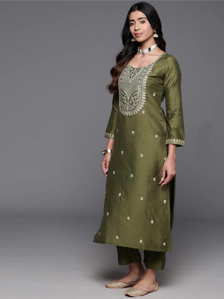 Charming Olive Suit | Chanderi Viscose top bottom with Chinon dupatta