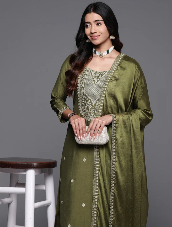 Charming Olive Suit | Chanderi Viscose top bottom with Chinon dupatta