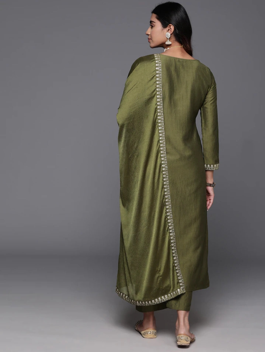 Charming Olive Suit | Chanderi Viscose top bottom with Chinon dupatta