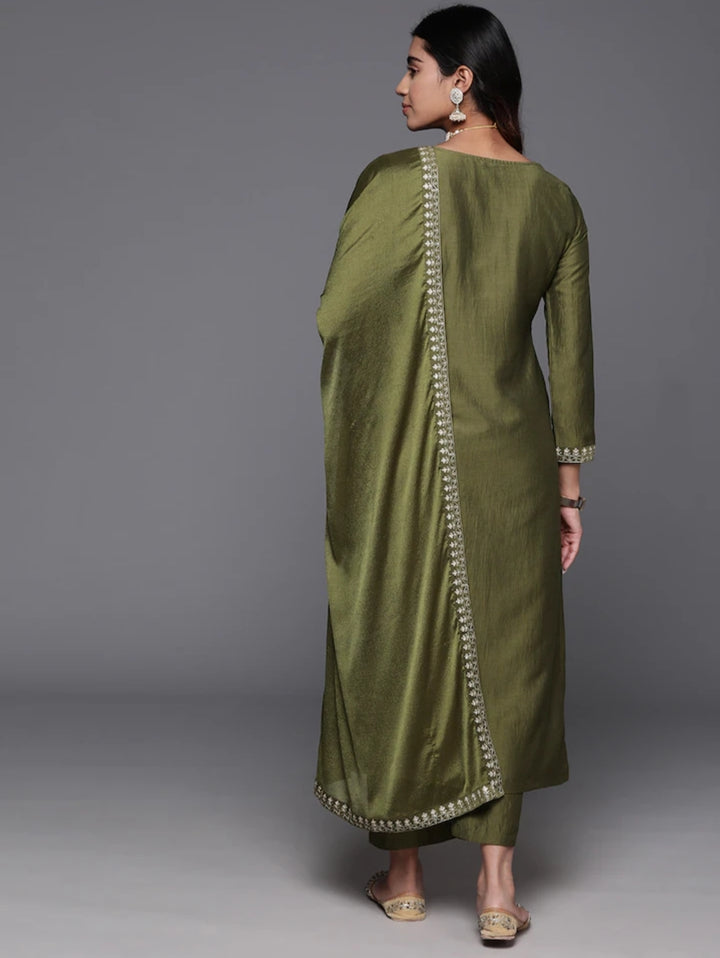 Charming Olive Suit | Chanderi Viscose top bottom with Chinon dupatta