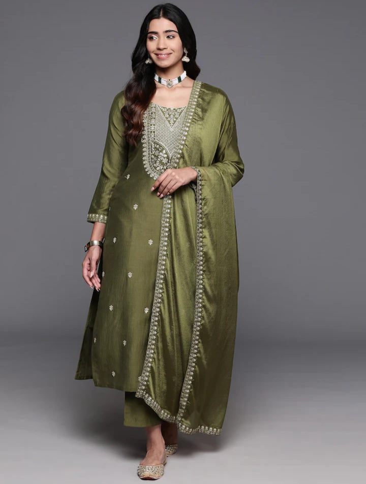 Charming Olive Suit | Chanderi Viscose top bottom with Chinon dupatta