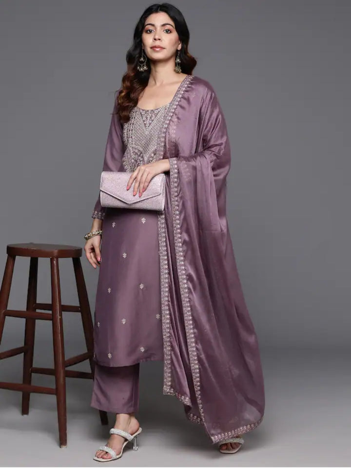 Charming Dusty  Purple Suit | Chanderi Viscose top bottom with Chinon dupatta