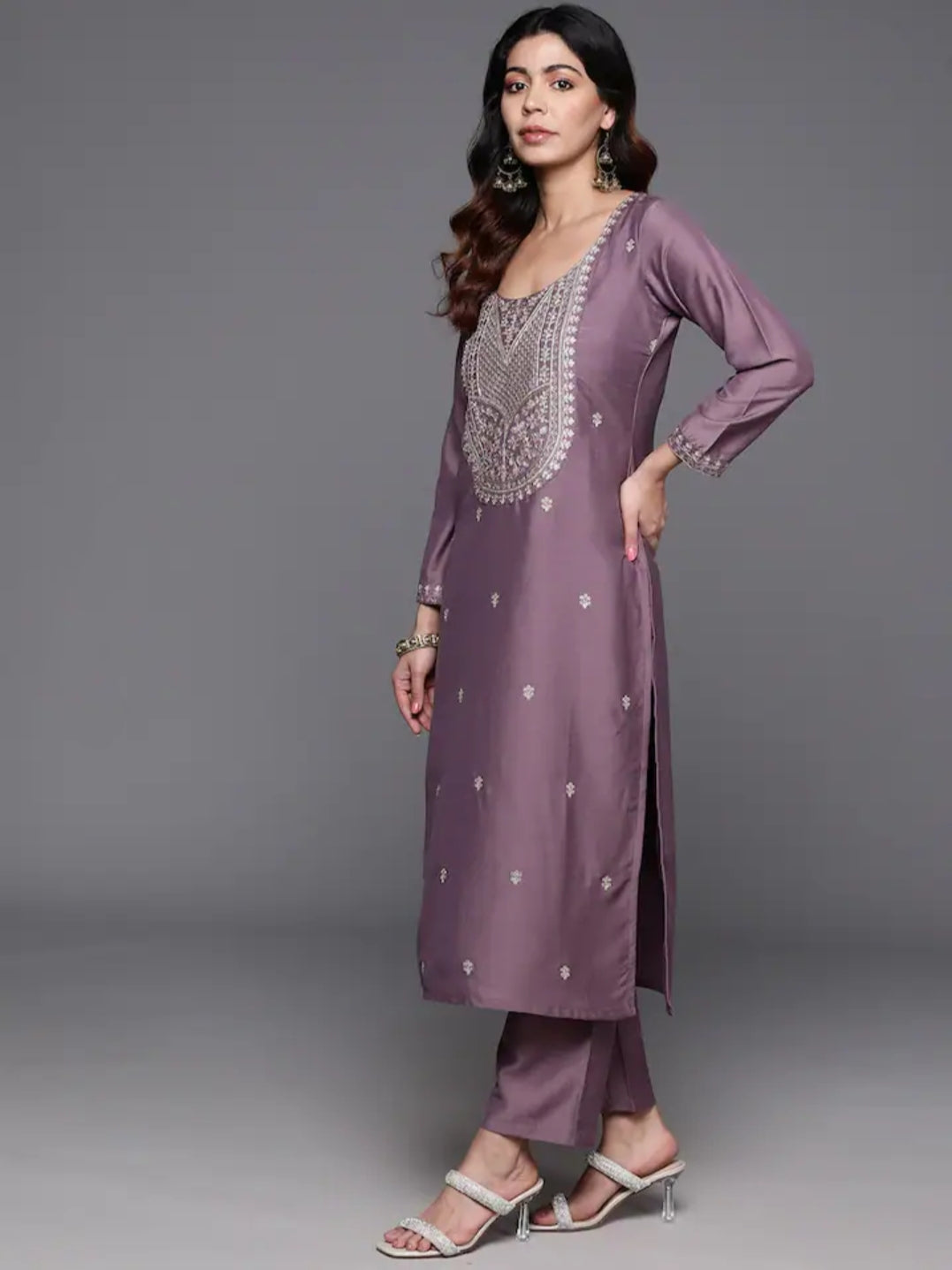 Charming Dusty  Purple Suit | Chanderi Viscose top bottom with Chinon dupatta