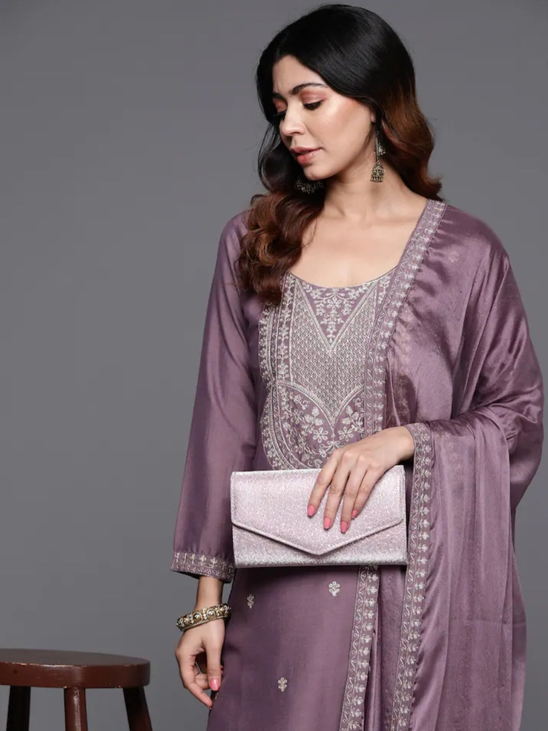 Charming Dusty  Purple Suit | Chanderi Viscose top bottom with Chinon dupatta
