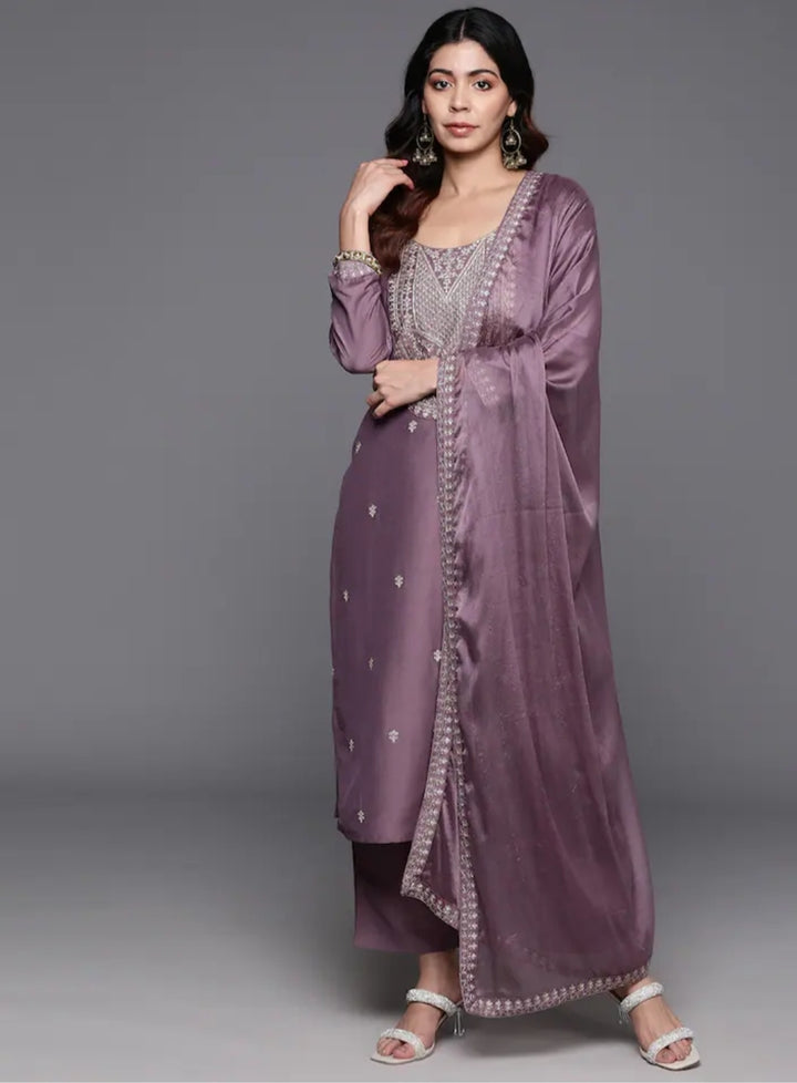 Charming Dusty  Purple Suit | Chanderi Viscose top bottom with Chinon dupatta