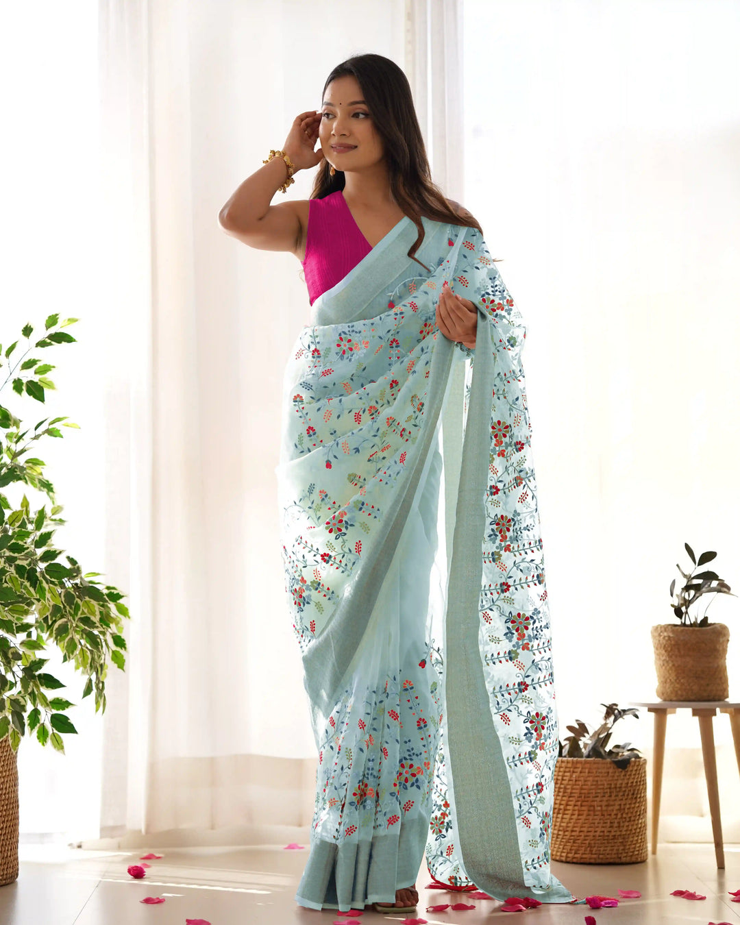 Designer Organza Saree | Beautified with Wevon Patta, Thread, Dori, Jari Embroidery Work Work