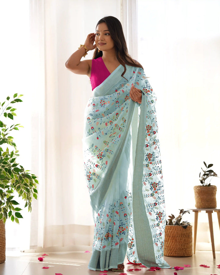 Designer Organza Saree | Beautified with Wevon Patta, Thread, Dori, Jari Embroidery Work Work