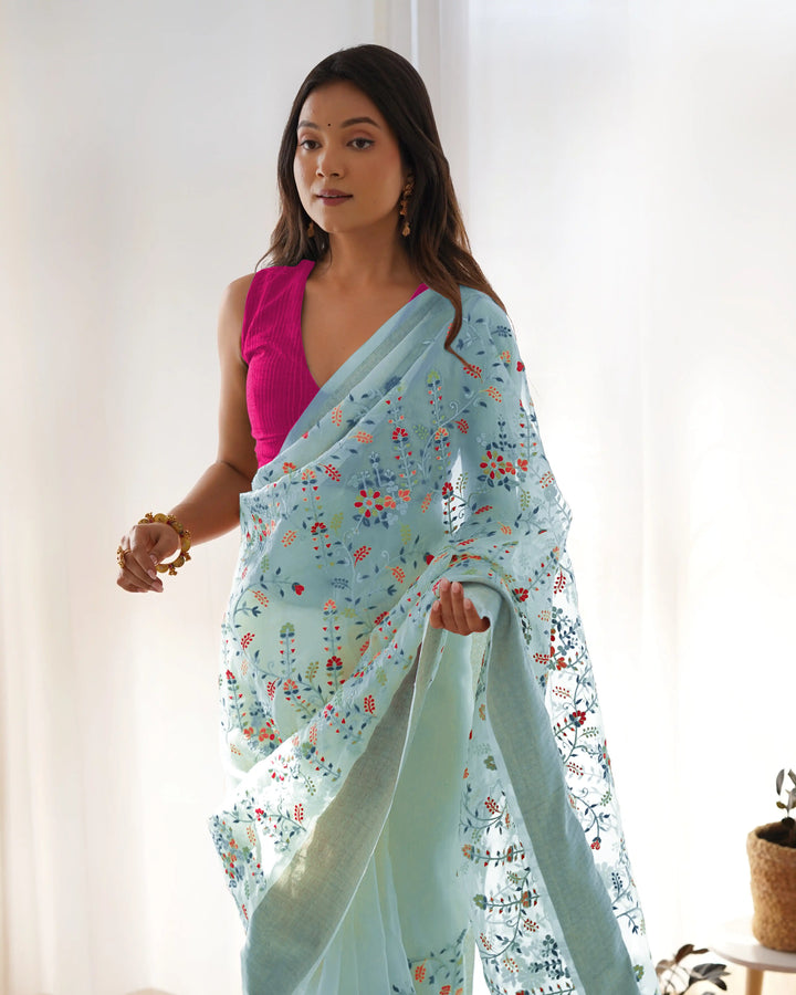 Designer Organza Saree | Beautified with Wevon Patta, Thread, Dori, Jari Embroidery Work Work