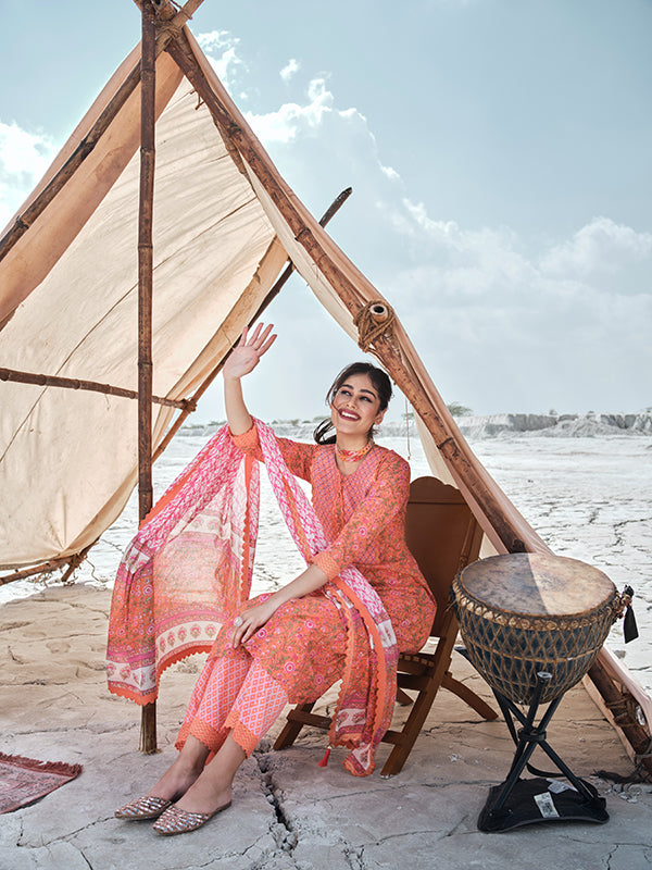 Graceful Orange Suit | Cotton top bottom with dupatta