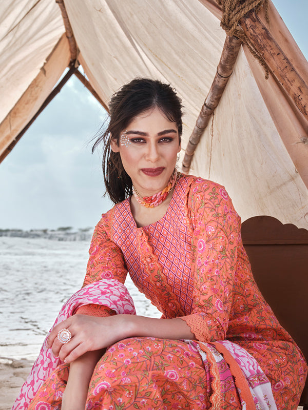 Graceful Orange Suit | Cotton top bottom with dupatta