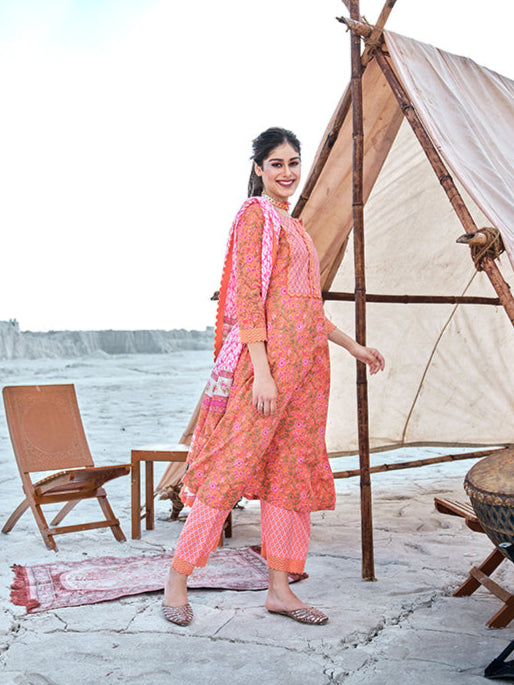 Graceful Orange Suit | Cotton top bottom with dupatta