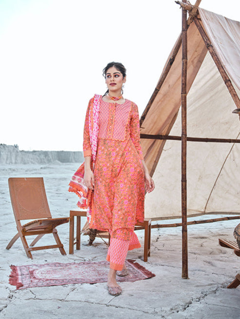 Graceful Orange Suit | Cotton top bottom with dupatta