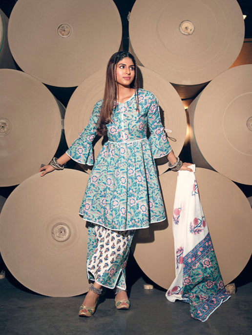 Stunning Sea Green Suit | Cotton top bottom with dupatta