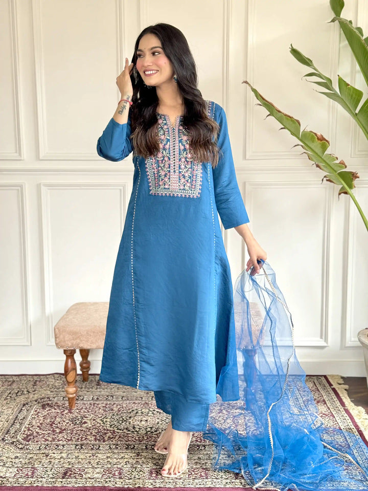 Elegant Blue Suit | Chanderi Viscose top bottom with Net dupatta