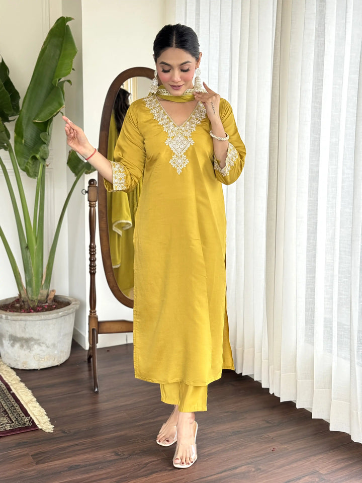 Graceful Yellow Suit | Chanderi top bottom with Nazmin dupatta