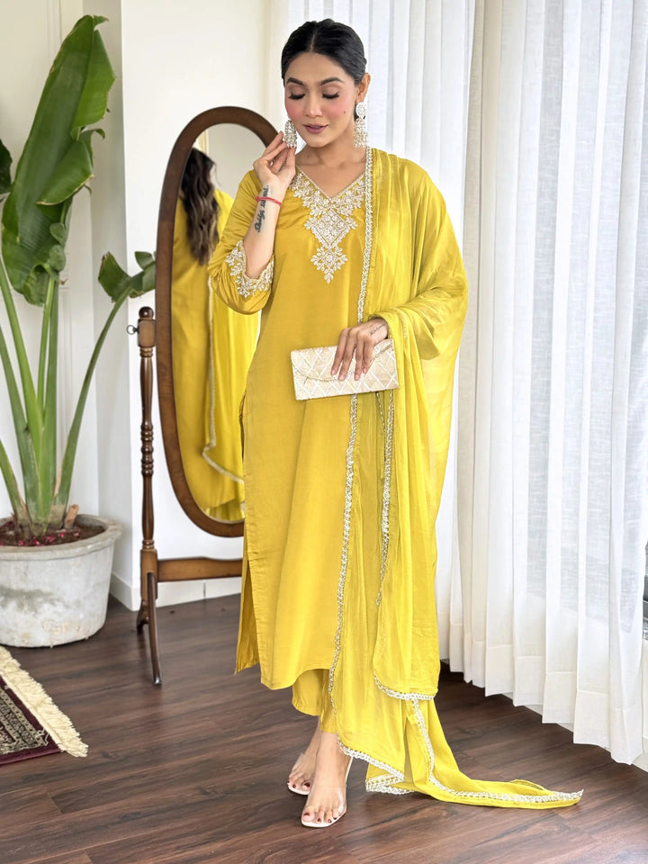 Graceful Yellow Suit | Chanderi top bottom with Nazmin dupatta