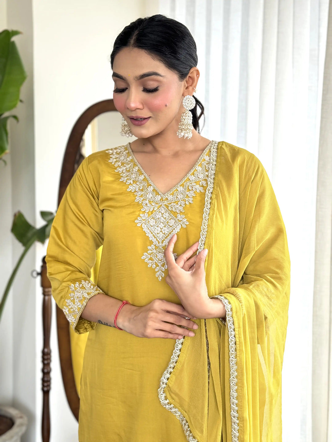 Graceful Yellow Suit | Chanderi top bottom with Nazmin dupatta