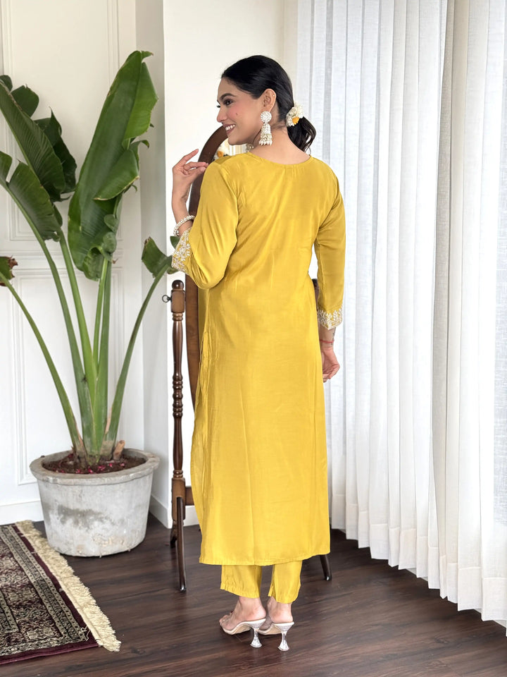 Graceful Yellow Suit | Chanderi top bottom with Nazmin dupatta
