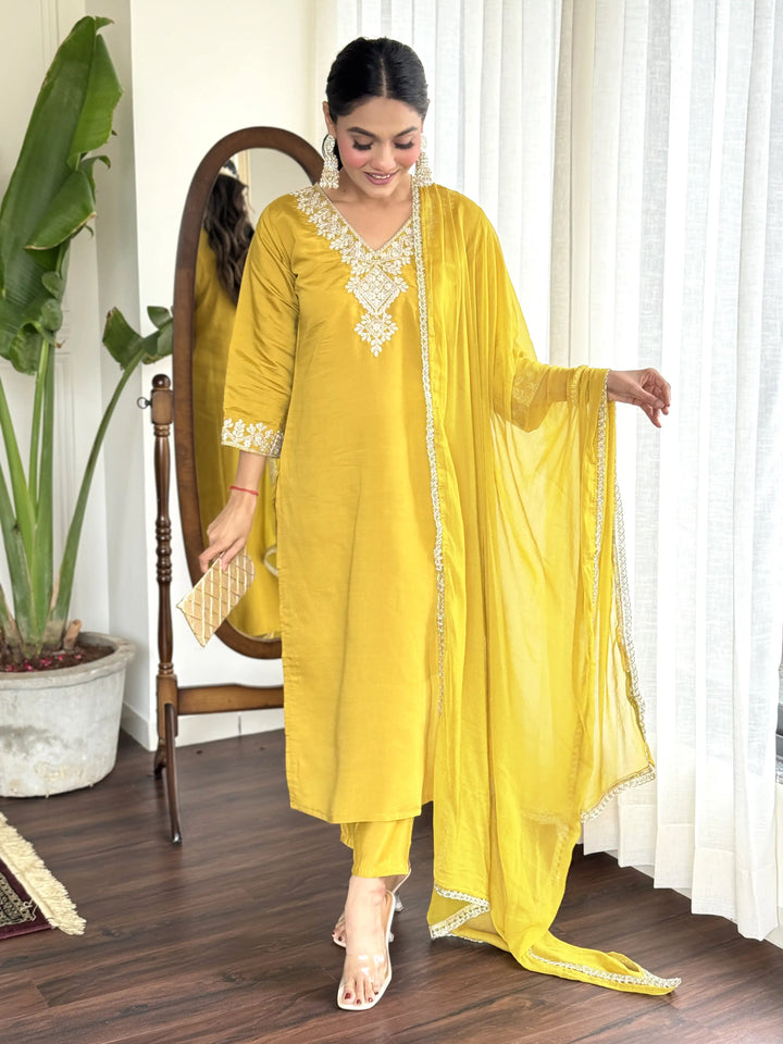 Graceful Yellow Suit | Chanderi top bottom with Nazmin dupatta