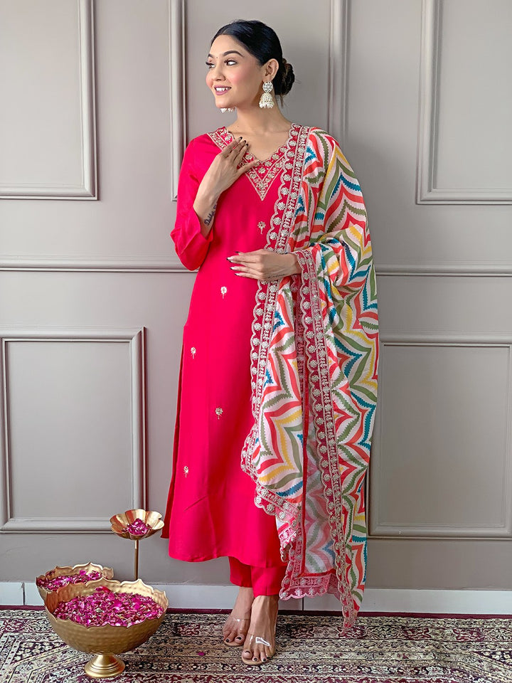 Gorgeous Rani Pink Suit | Viscose top bottom with Linen dupatta