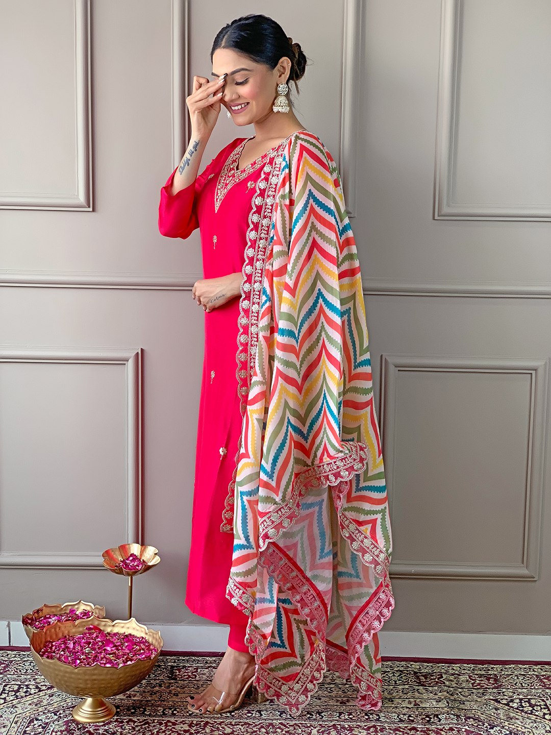 Gorgeous Rani Pink Suit | Viscose top bottom with Linen dupatta
