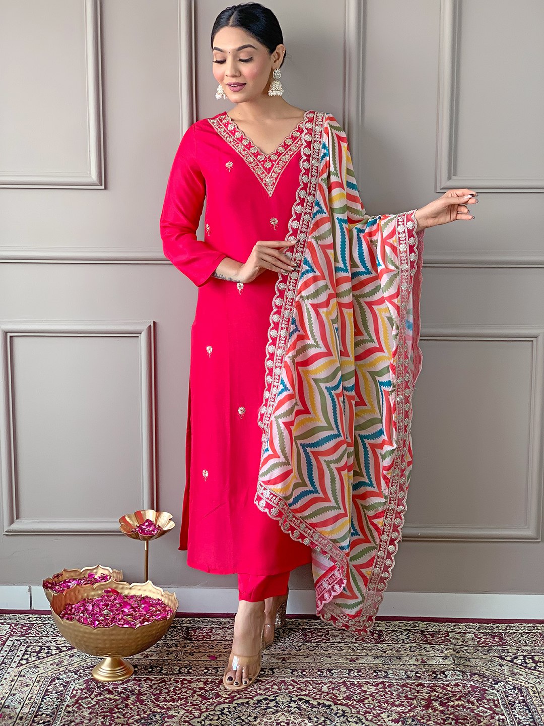 Gorgeous Rani Pink Suit | Viscose top bottom with Linen dupatta
