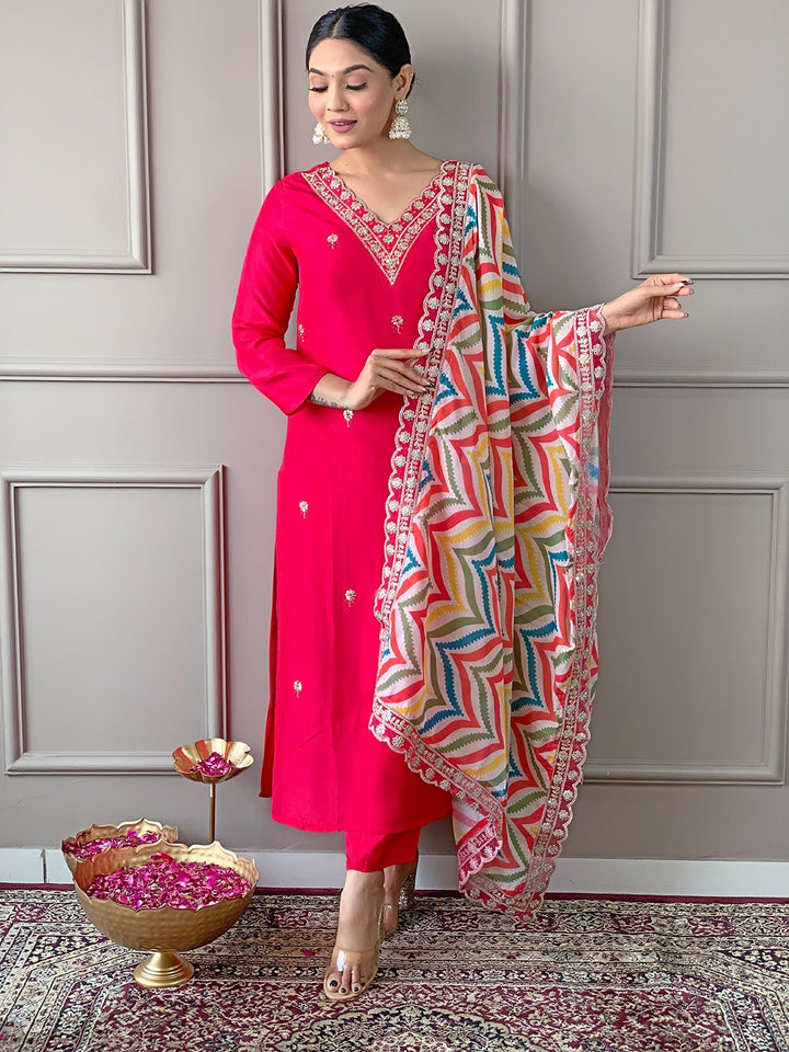 Gorgeous Rani Pink Suit | Viscose top bottom with Linen dupatta