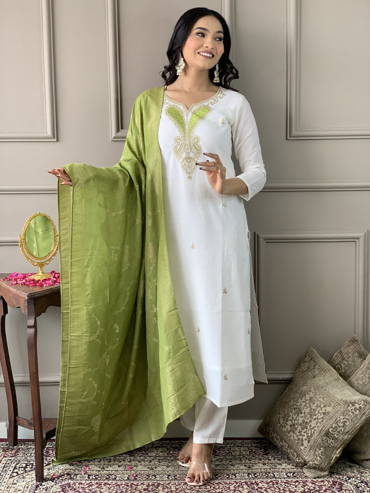 Stunning White Suit | Chanderi Viscose top bottom with Jacquard Silk dupatta