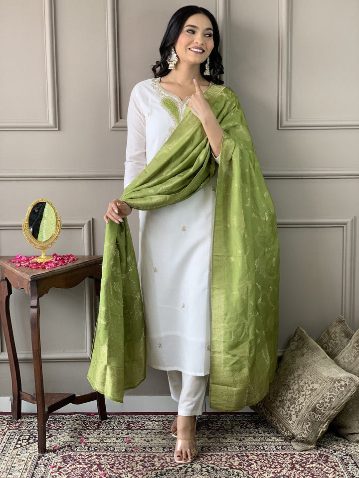 Stunning White Suit | Chanderi Viscose top bottom with Jacquard Silk dupatta